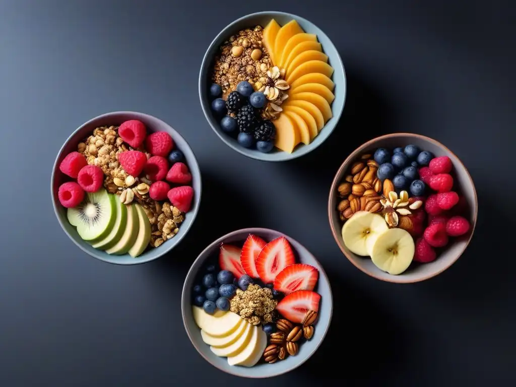 Deliciosos desayunos veganos crudos en bowls vibrantes con frutas frescas, frutos secos y granola, en un fondo minimalista