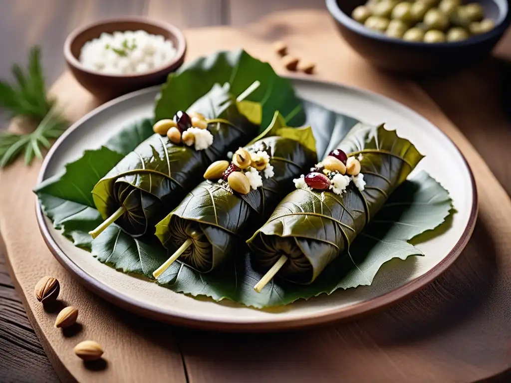 Deliciosos Dolmades griegos veganos sobre mesa rústica