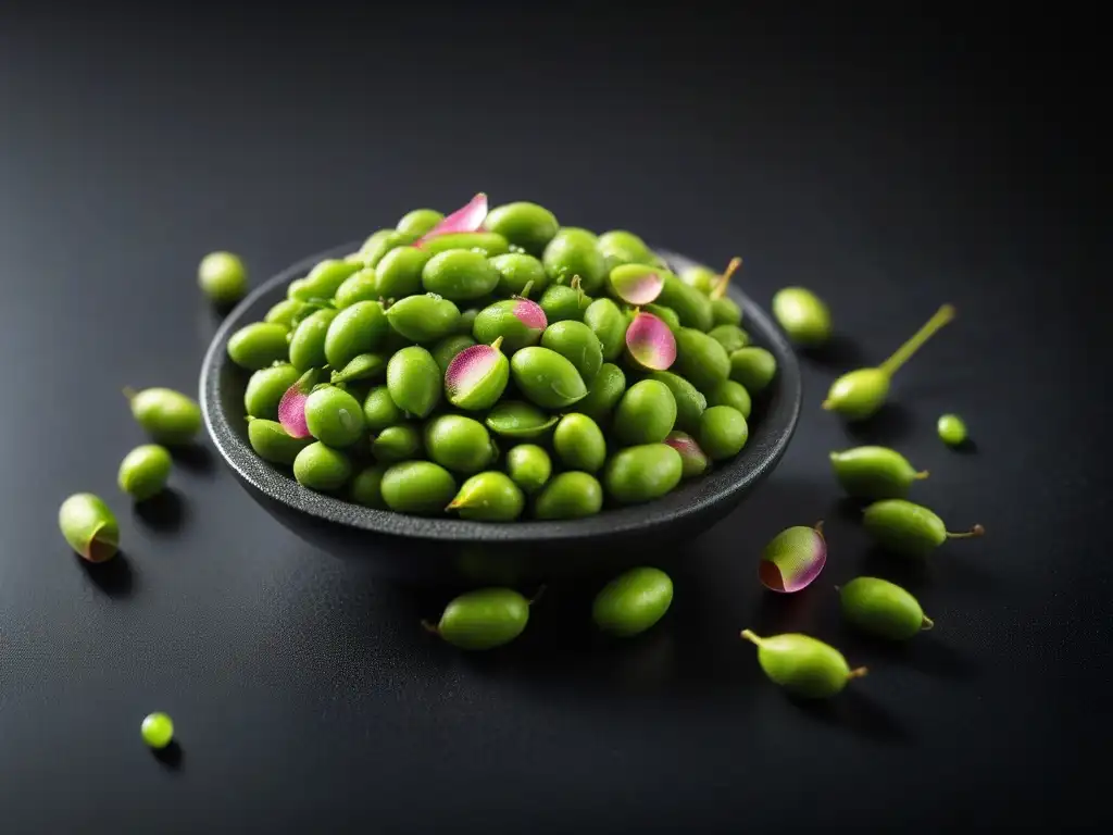 Deliciosos edamame frescos con sal rosa, resaltando los beneficios del edamame en veganos