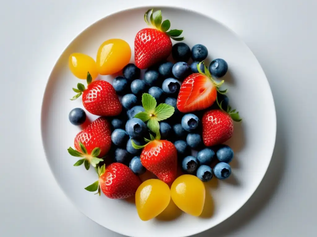 Deliciosos endulzantes naturales veganos saludables en bayas frescas sobre plato blanco