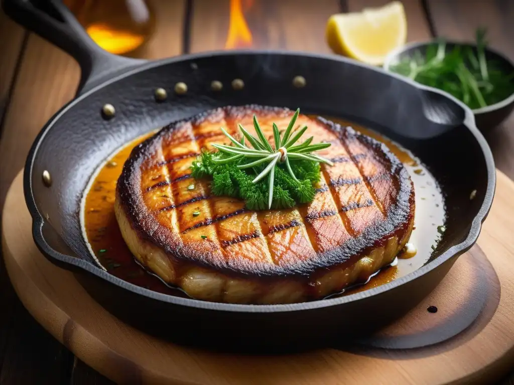 Deliciosos filetes veganos dorados en sartén, con hierbas frescas