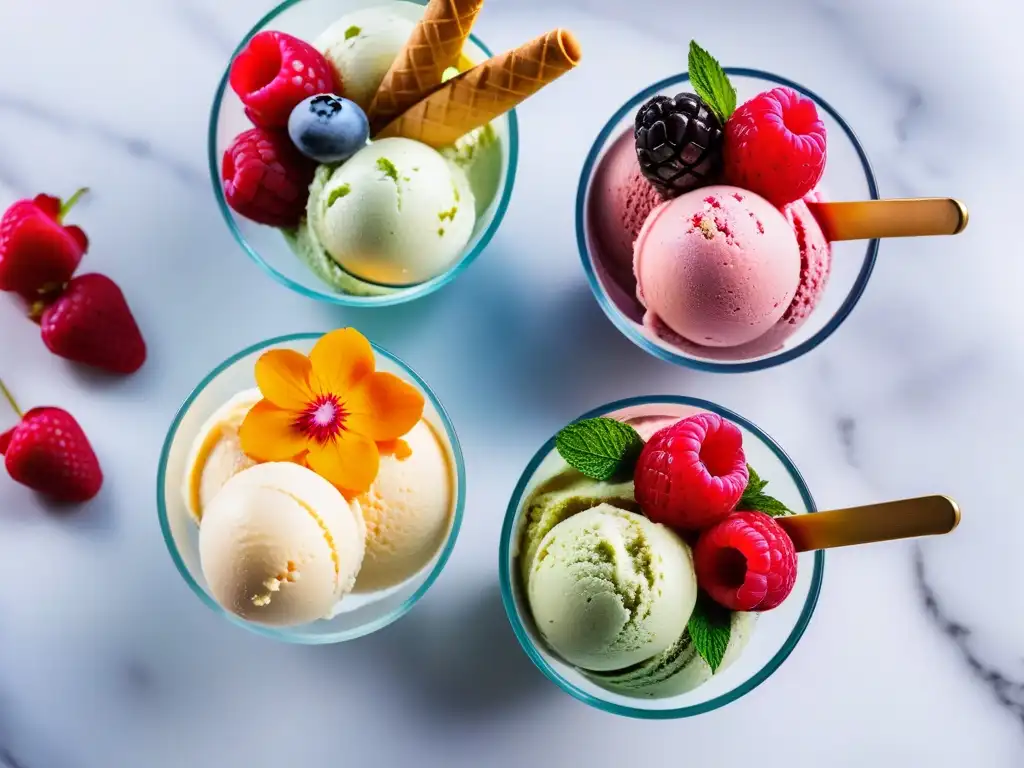 Deliciosos helados veganos caseros con frutas, nueces y flores comestibles en elegantes boles de vidrio sobre una encimera de mármol