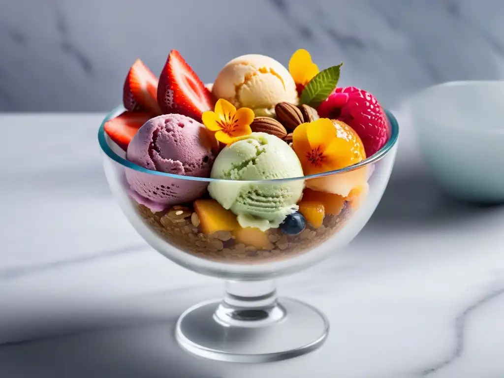 Deliciosos helados veganos caseros en bowl de vidrio, con frutas frescas y flores comestibles en encimera de mármol