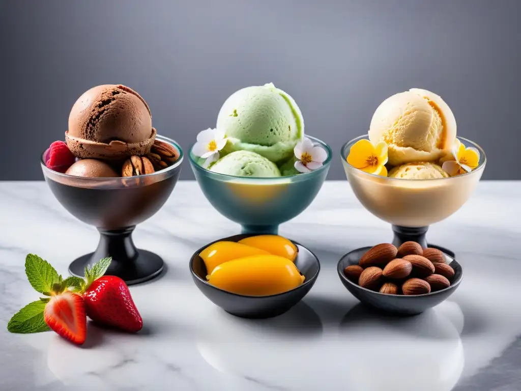 Deliciosos helados veganos caseros en elegantes cuencos de vidrio adornados con frutas frescas y flores comestibles en una encimera de mármol