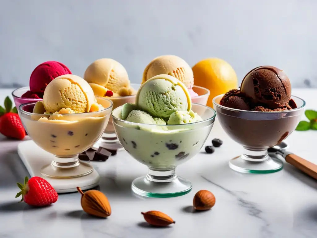 Deliciosos helados veganos caseros en cuencos, decorados con frutas frescas y frutos secos, sobre una elegante encimera de mármol