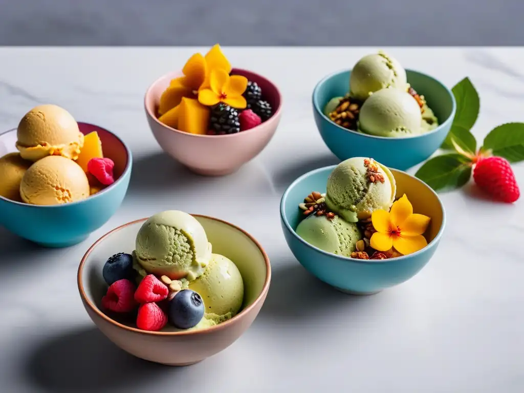 Deliciosos helados veganos caseros verano en cuencos de cerámica con frutas, nueces y flores comestibles en encimera de mármol