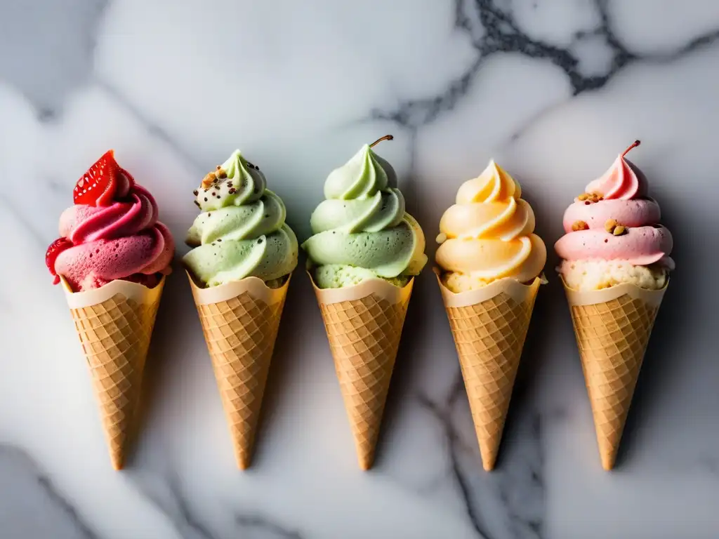 Deliciosos helados veganos caseros de verano en mármol, colores vibrantes y frescura