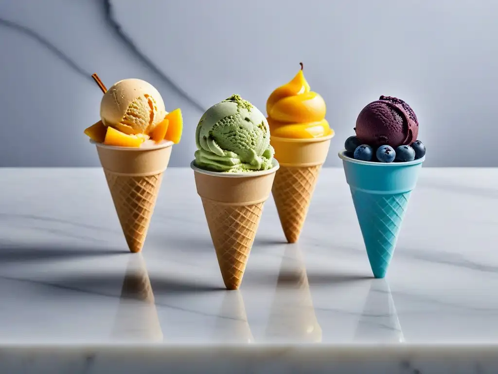 Deliciosos helados veganos caseros en verano: variados sabores y coloridas presentaciones en mármol iluminado