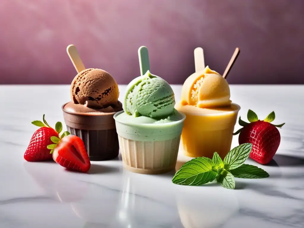 Deliciosos helados veganos caseros de verano en variedad de sabores y colores, adornados con frutas frescas y hojas de menta