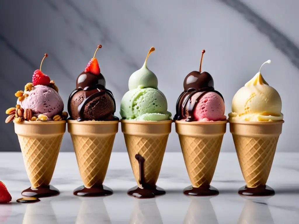 Deliciosos helados veganos caseros presentados de forma creativa en mármol elegante