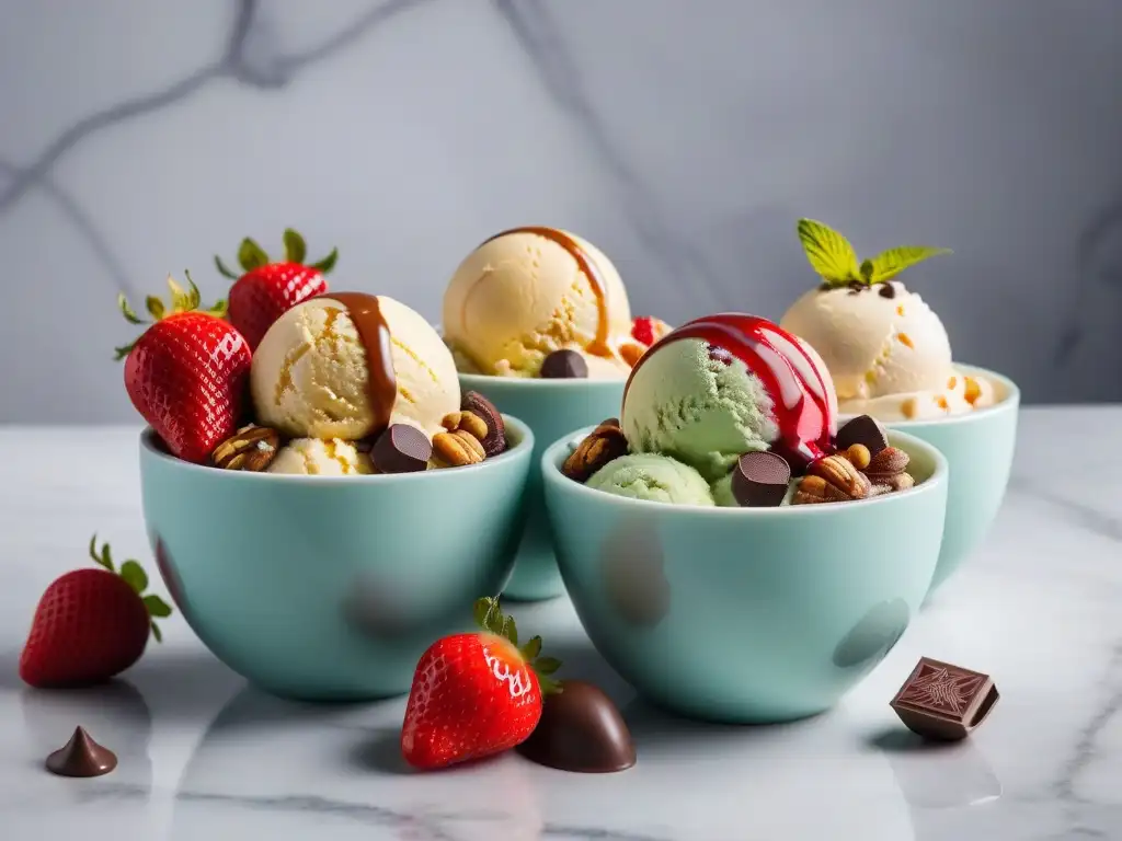 Deliciosos helados veganos caseros con frutas, nueces y chocolate en elegantes boles de mármol