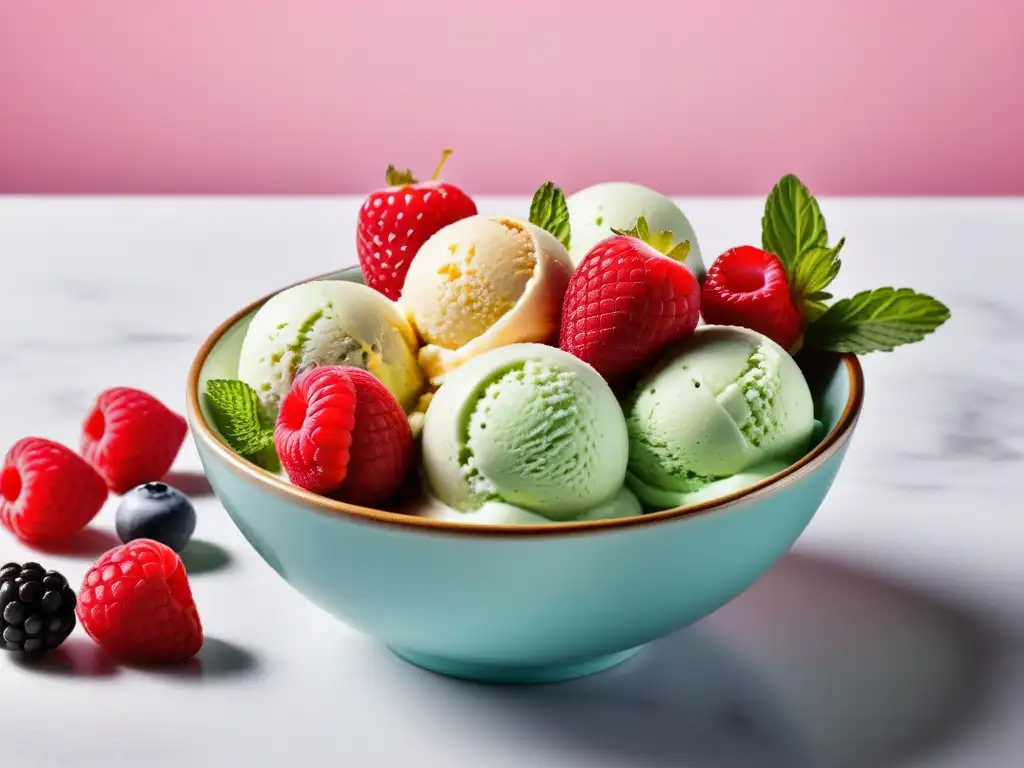 Deliciosos helados veganos caseros en cuenco minimalista, con frutas frescas