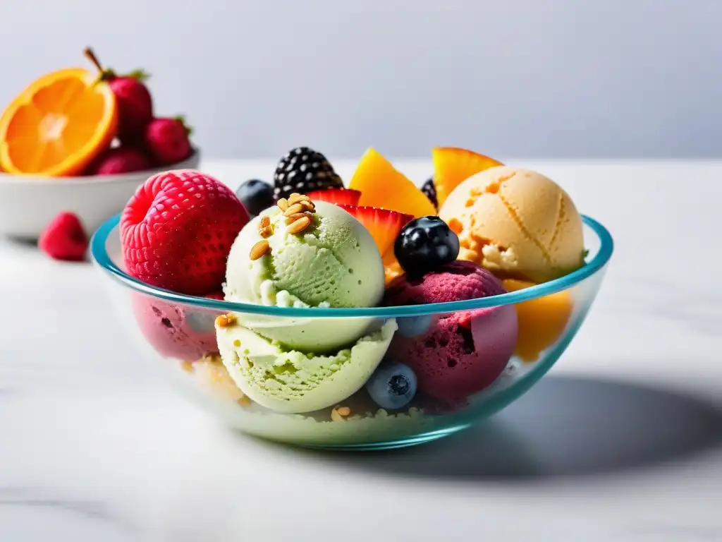 Deliciosos helados veganos sin lácteos en elegante presentación colorida