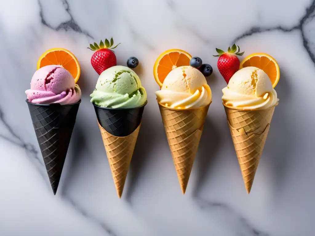 Deliciosos helados veganos sin lácteos en cono negro con frutas y nueces, sobre mármol blanco iluminado naturalmente