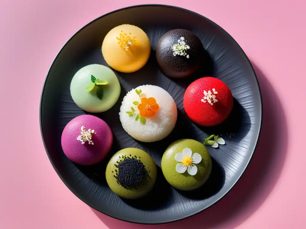 Deliciosos mochis veganos en plato elegante con toppings coloridos como matcha y fresa