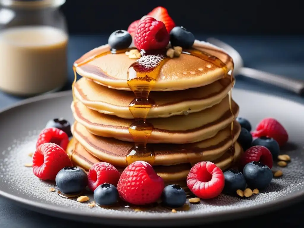 Deliciosos pancakes veganos con bayas frescas, sirope de arce y nueces trituradas en un plato moderno, ¡recetas deliciosas!