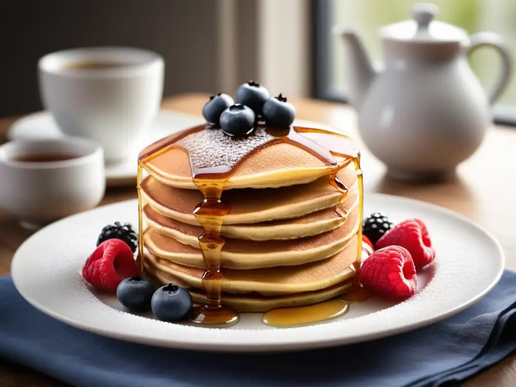 Deliciosos pancakes veganos con bayas frescas y sirope de arce, en un plato blanco minimalista