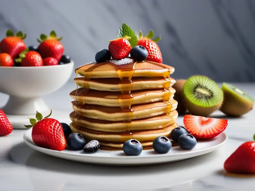 Deliciosos pancakes veganos con frutas coloridas y sirope de arce, en elegante plato blanco sobre encimera de mármol