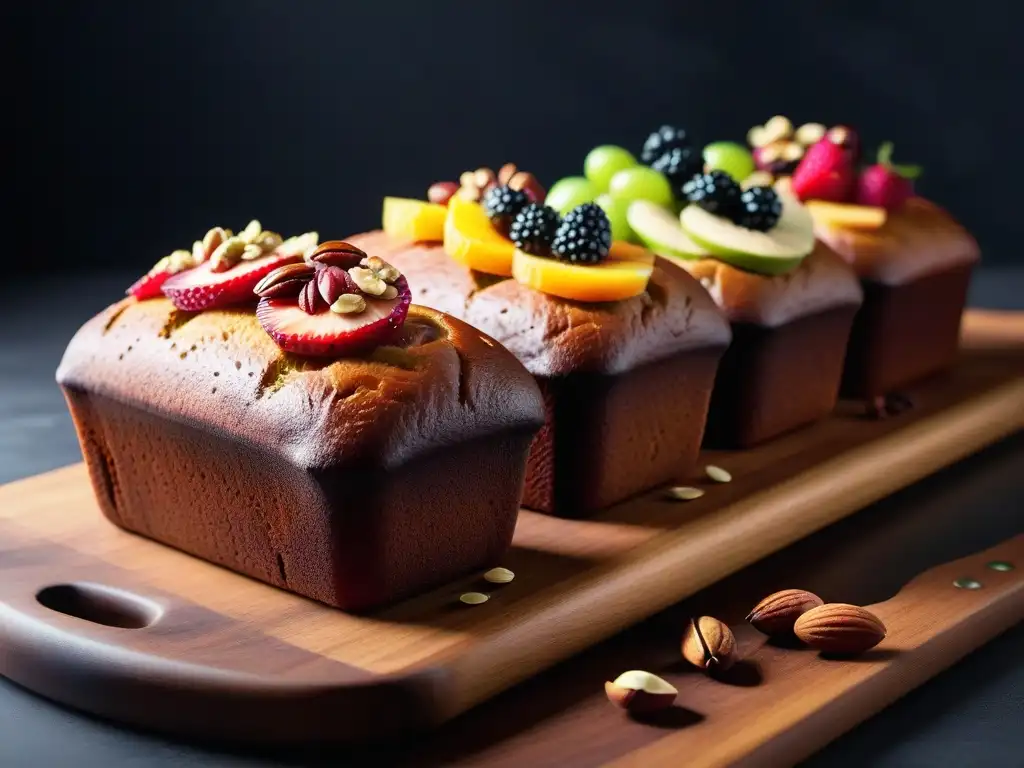 Deliciosos panes dulces veganos con frutas, nueces y semillas en tabla de madera