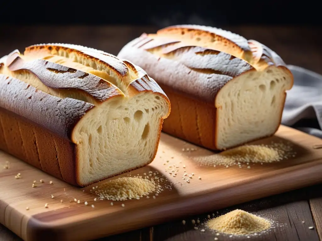 Deliciosos panes veganos y sin gluten en tabla de madera, resaltando la harina y calidad