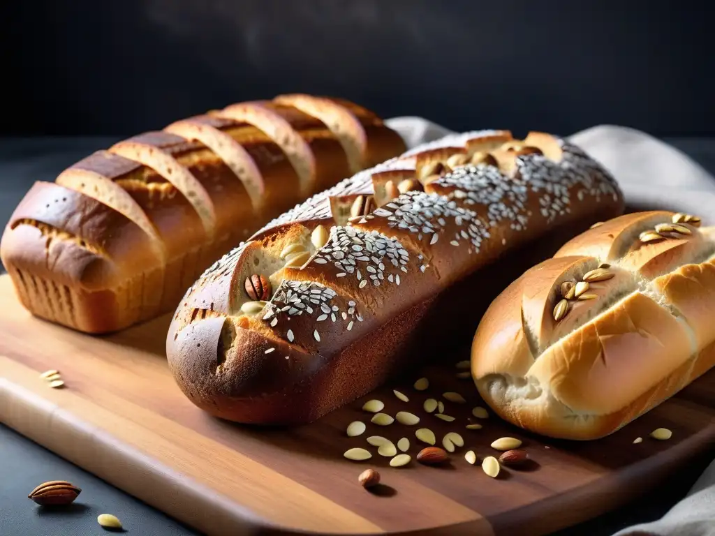 Deliciosos panes veganos sin gluten en tabla de madera, resaltando los beneficios de la panadería vegana sin gluten