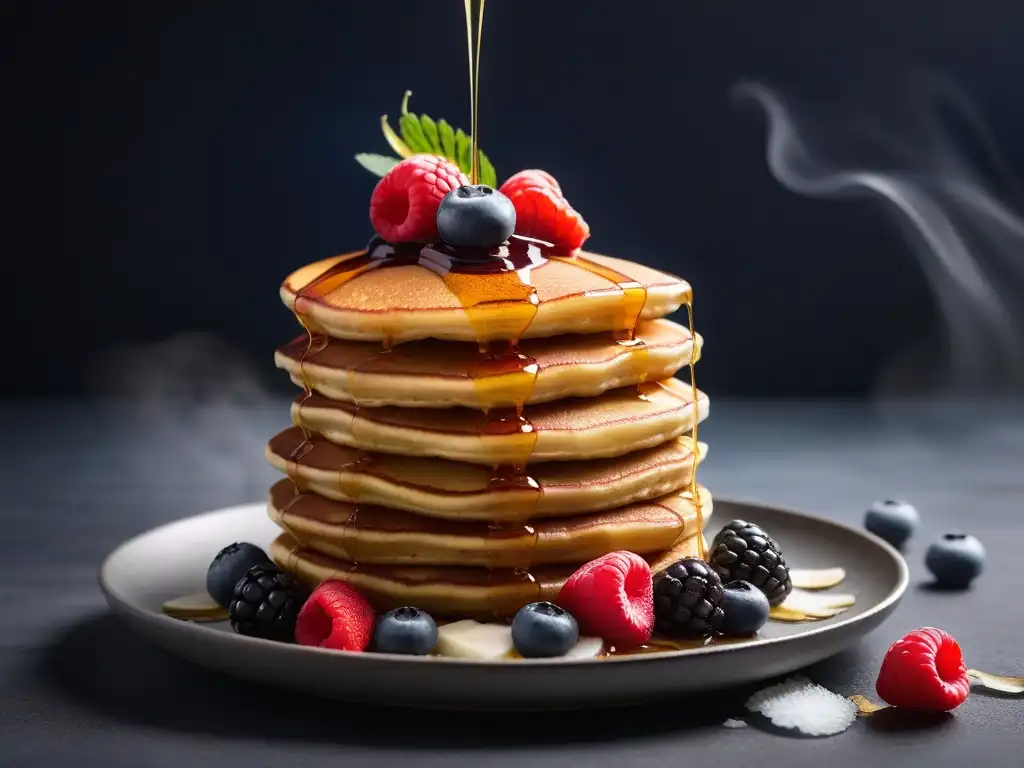 Deliciosos panqueques veganos variados con bayas frescas y sirope de arce en un fondo minimalista