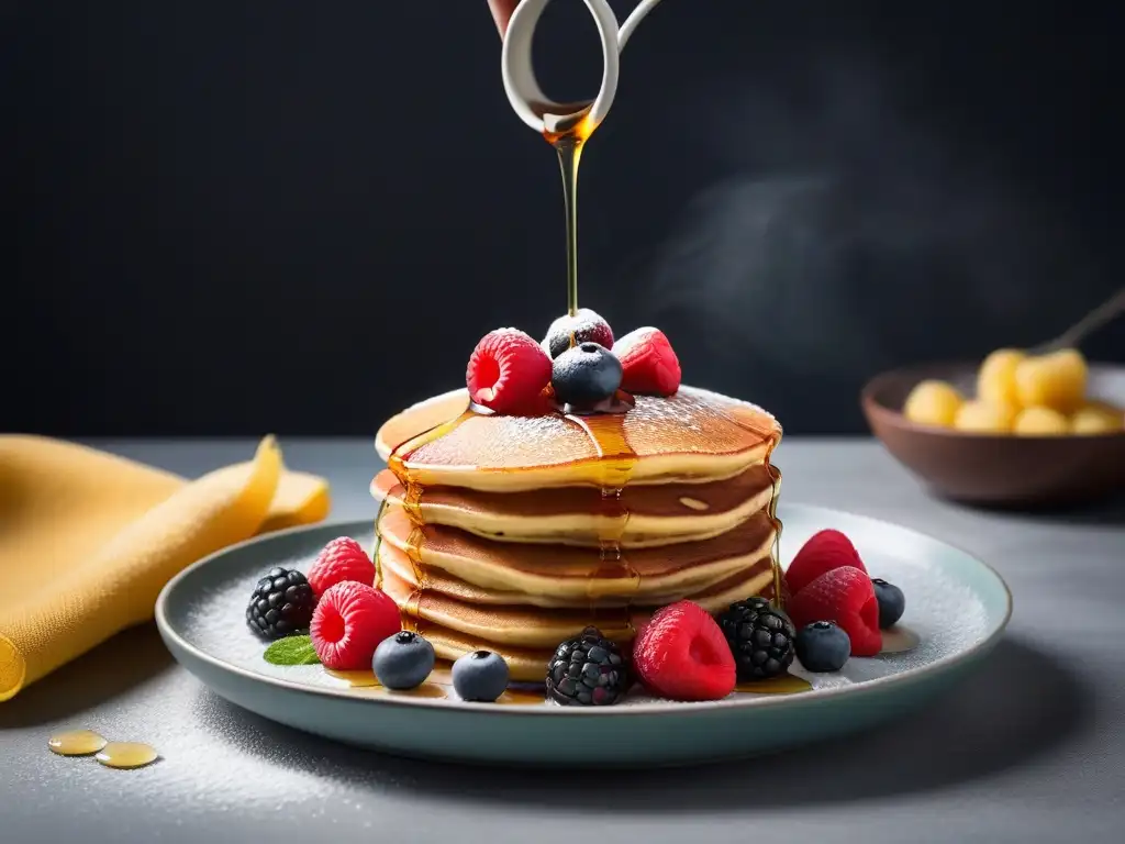 Deliciosos panqueques veganos variados con bayas frescas y sirope de arce, en un entorno de cocina moderna iluminada