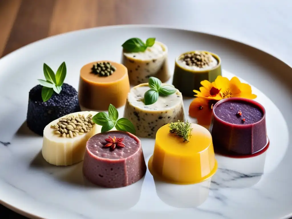 Deliciosos patés vegetales caseros en un elegante tablero de mármol, decorados con hierbas frescas y flores comestibles