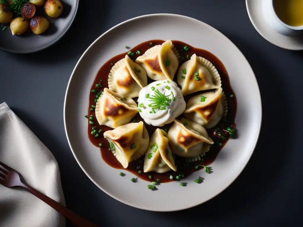 Deliciosos pierogi veganos con papas, cebolla y queso vegano, adornados con cebollino fresco y crema agria sin lácteos