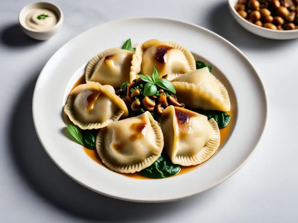 Deliciosos pierogi veganos recién hechos con variados rellenos, presentados con elegancia en un plato moderno