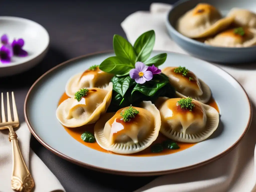 Deliciosos pierogis veganos fusionando recetas de Europa EsteOeste, presentados con elegancia y colorido