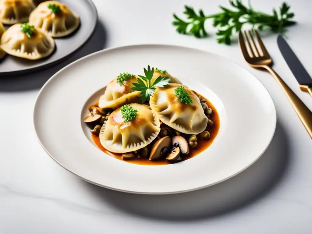Deliciosos pierogis veganos: sauerkraut y setas Deliciosos pierogis veganos con sauerkraut y setas, decorados con hierbas frescas y crema agria vegana