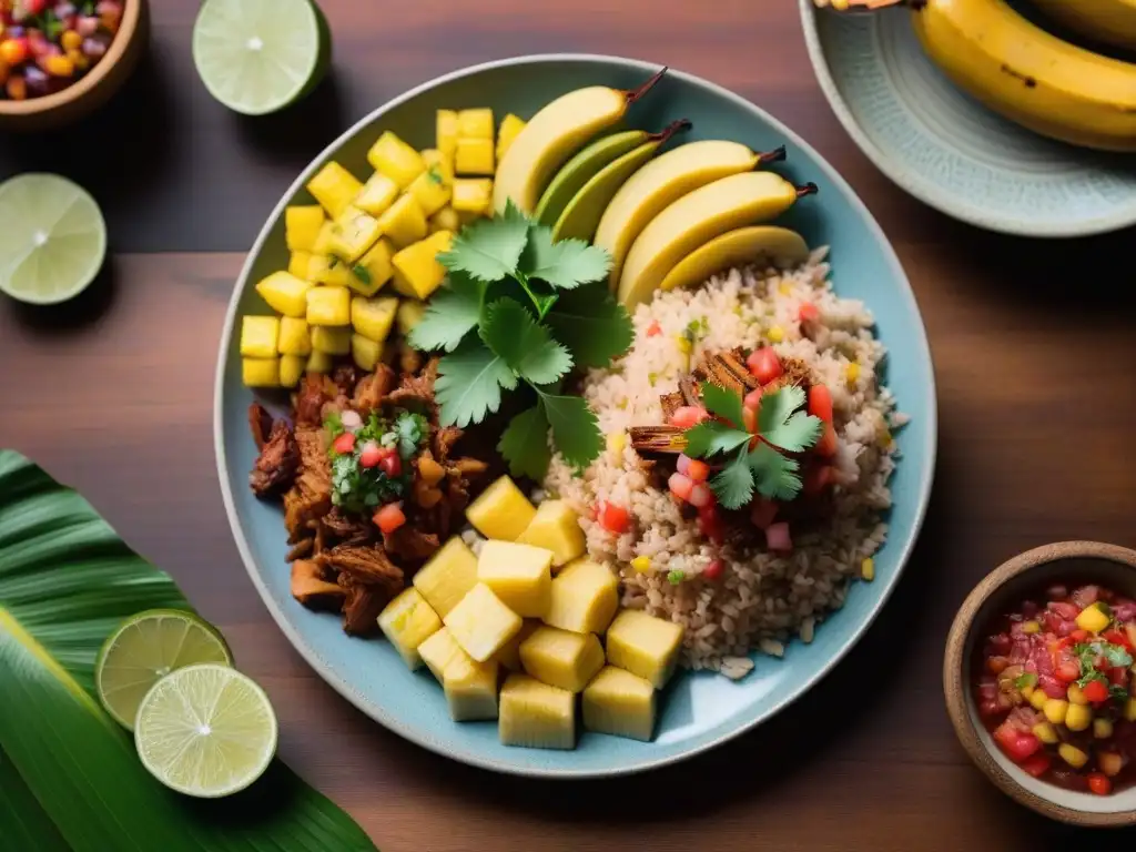 Deliciosos platos caribeños veganos en mesa rústica con plátanos, tacos de 'pulled pork' de jackfruit y salsa de piña