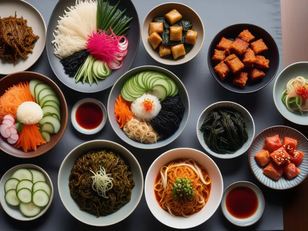 Delicioso banquete vegano coreano: kimchi y más Deliciosos platos veganos coreanos en mesa moderna con kimchi y guarniciones variadas
