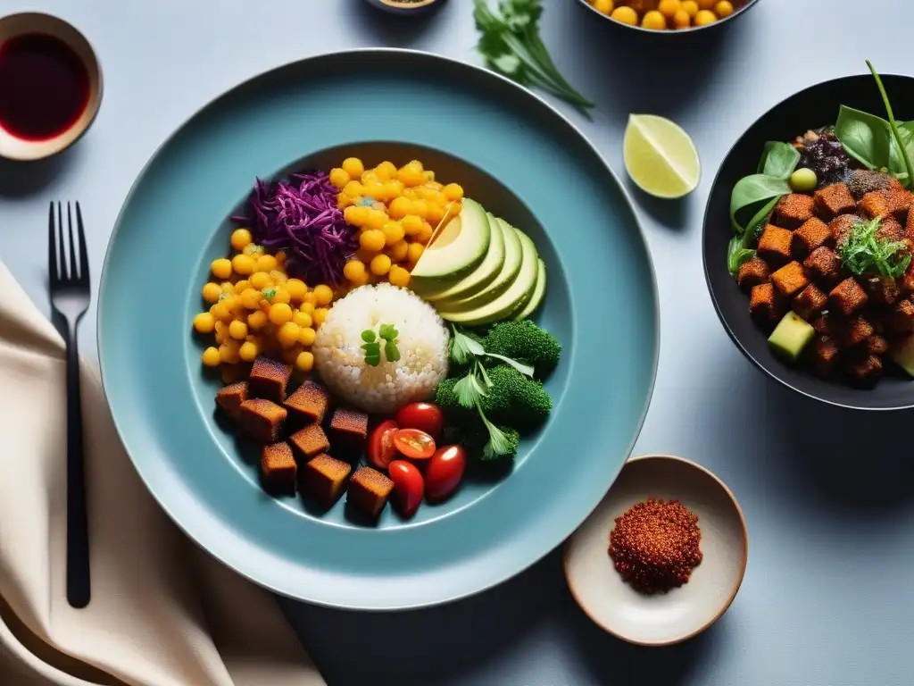 Deliciosos platos veganos de todo el mundo, presentados en mesa minimalista