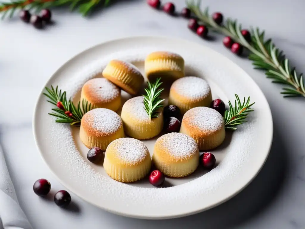 Deliciosos polvorones veganos navideños rodeados de romero fresco y arándanos rojos, en un elegante plato sobre mármol