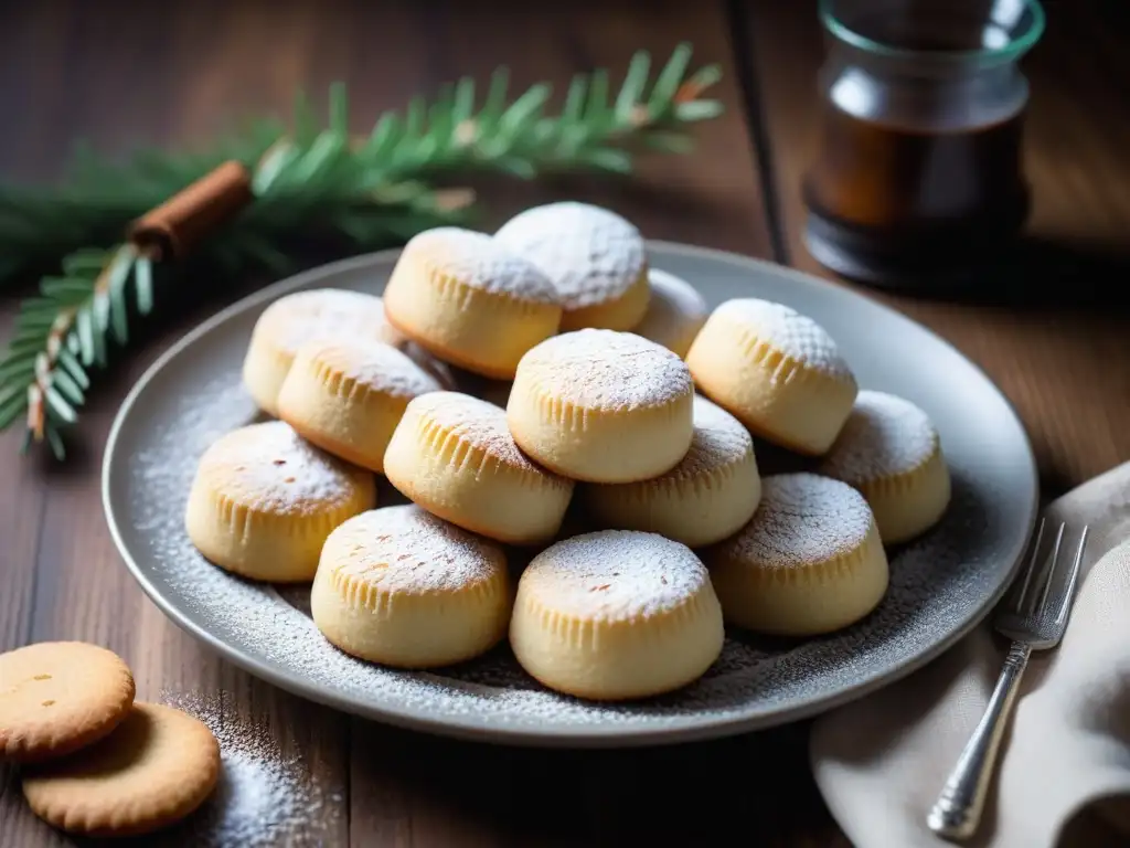 Deliciosos polvorones veganos navideños, dorados y espolvoreados con azúcar glass, sobre una mesa rústica con ramitas de romero y canela