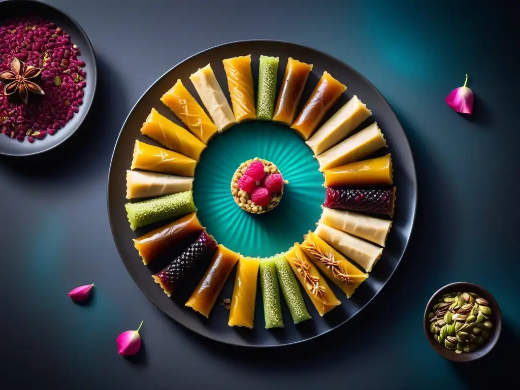 Deliciosos postres veganos de Medio Oriente: baklava, kunafa, ma'amoul y halva, detallados y coloridos en un elegante plato moderno