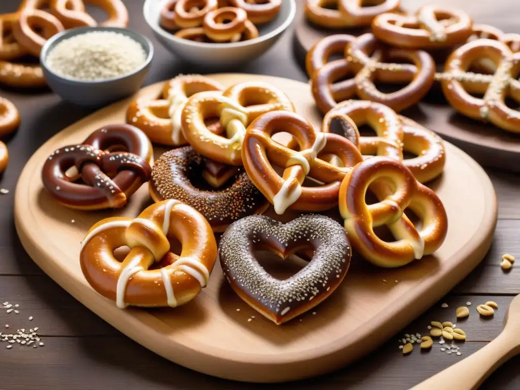 Deliciosos pretzels veganos sin gluten en formas creativas sobre tabla de madera minimalista