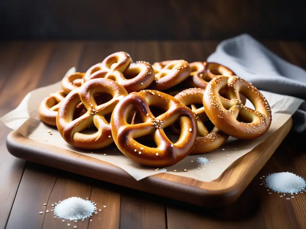 Deliciosos pretzels veganos sin gluten, recién horneados con queso derretido, en una cocina cálida y acogedora