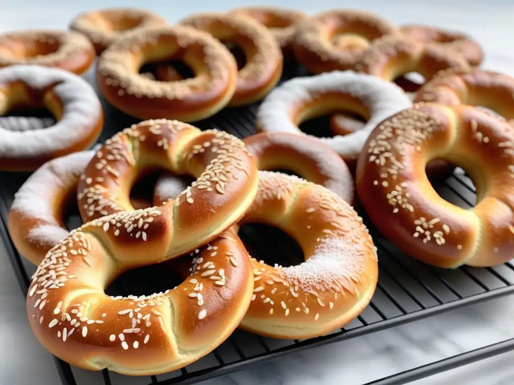 Deliciosos pretzels veganos sin gluten recién horneados sobre una rejilla negra mate, en un elegante fondo de mármol blanco