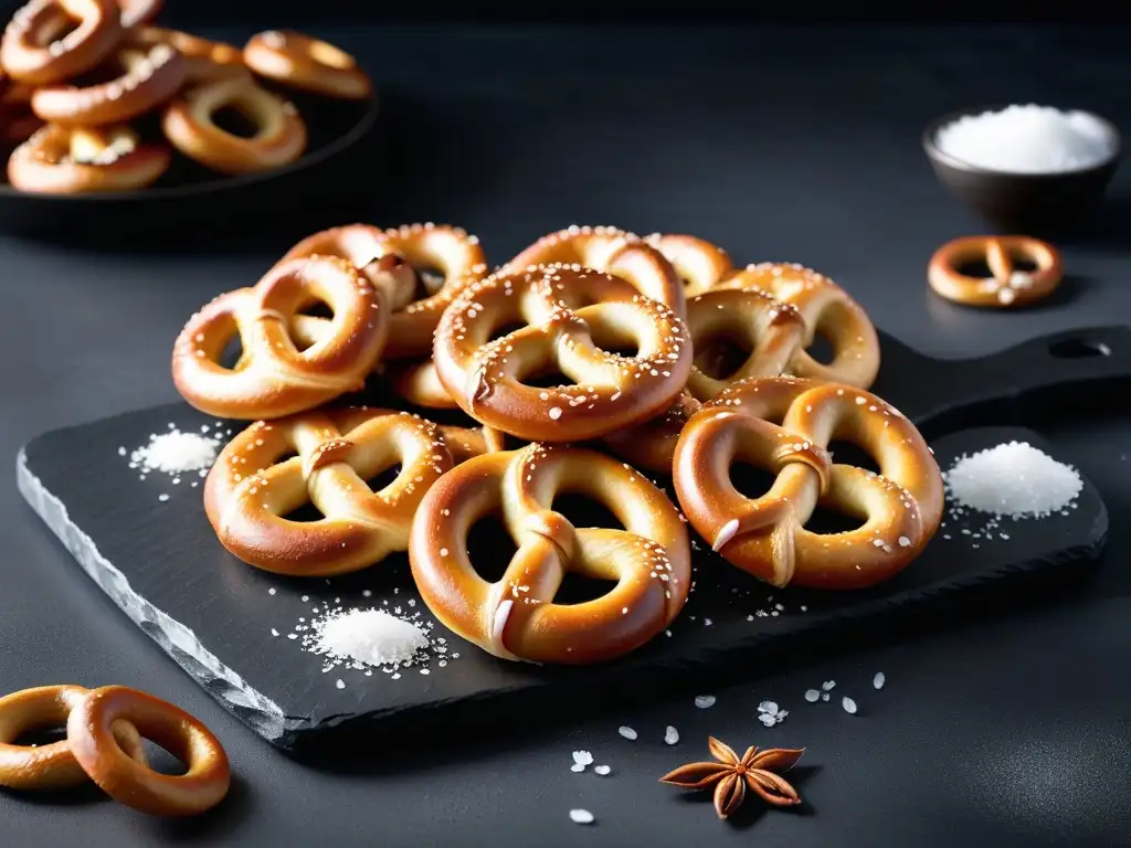 Deliciosos pretzels veganos sin gluten recién horneados en una tabla de servir de pizarra, listos para disfrutar