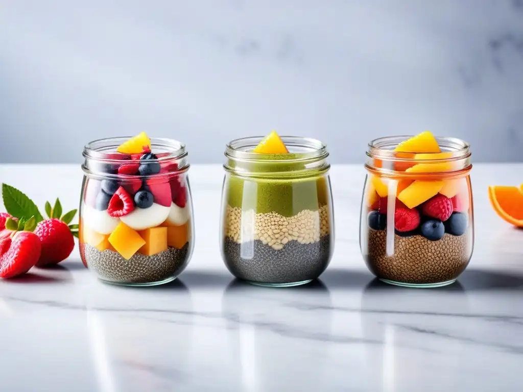 Deliciosos puddings veganos con chía y coloridas decoraciones de frutas y nueces sobre mármol iluminado