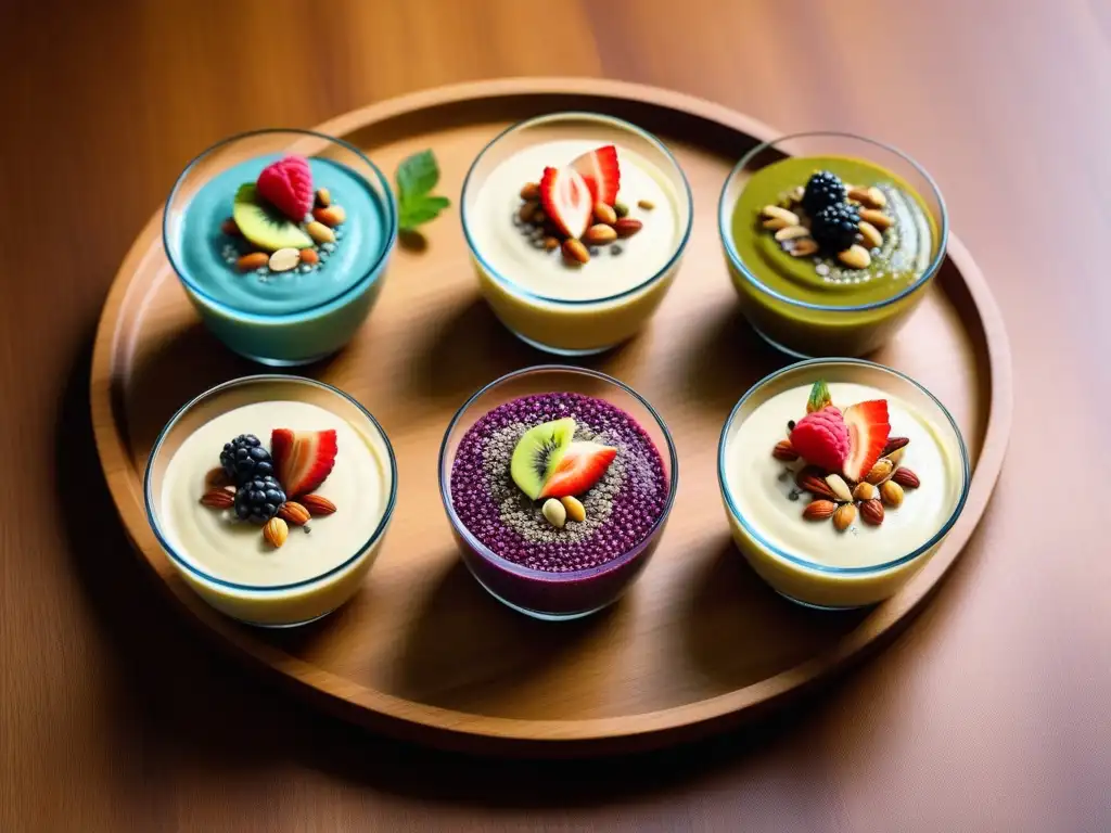 Deliciosos puddings veganos con chía en vibrantes colores y toppings, presentados de forma elegante en una mesa de madera moderna