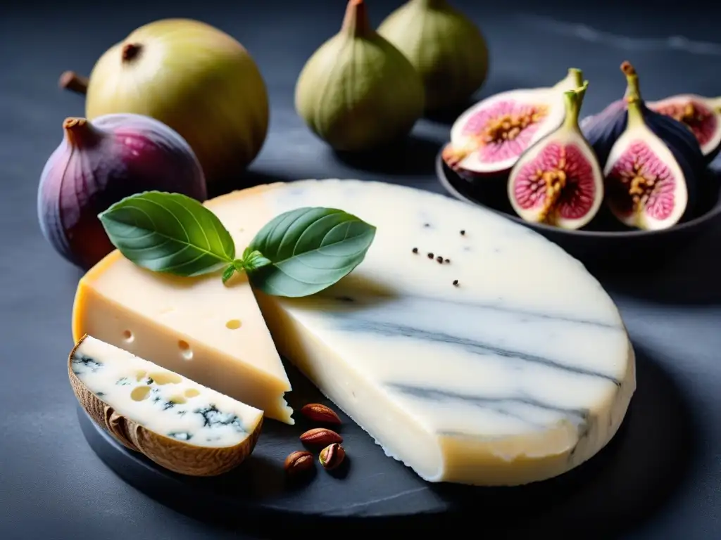 Deliciosos quesos veganos artesanales en encimera de cocina moderna, destacando el Queso Gorgonzola Vegano Receta Completa