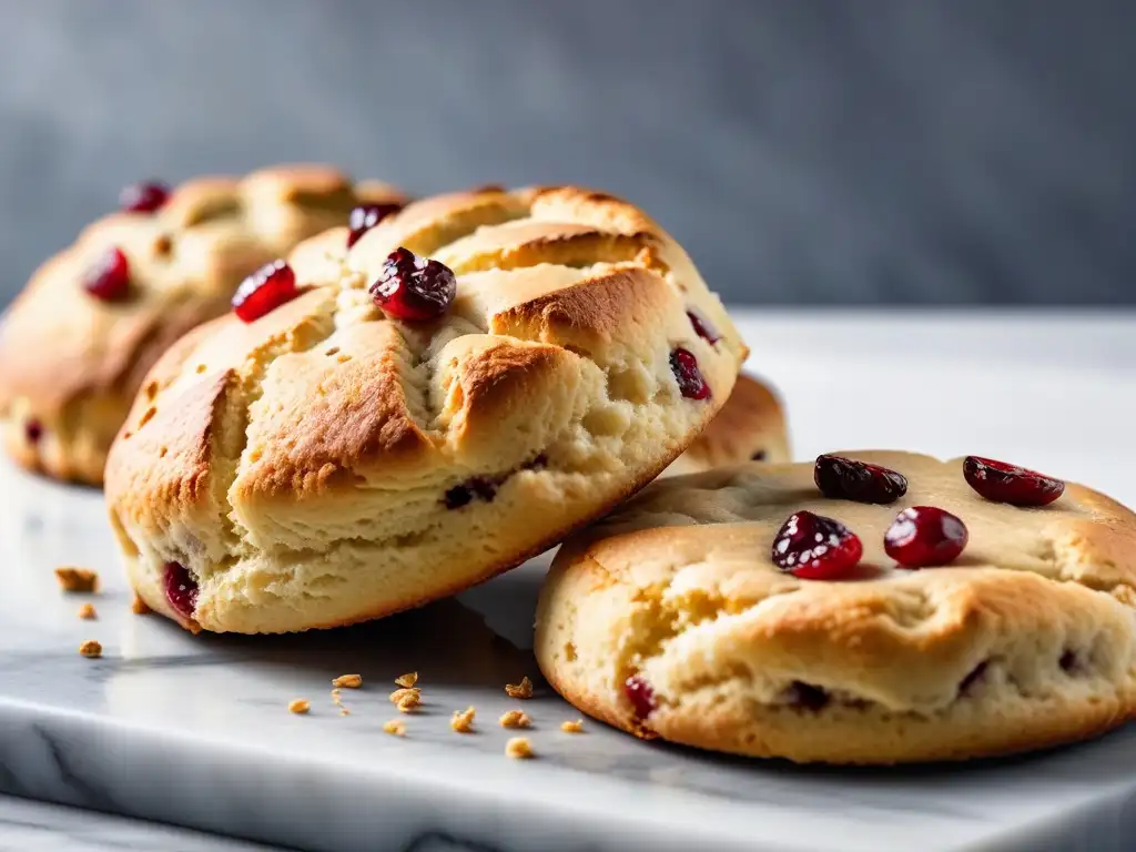 Deliciosos scones veganos recién horneados en elegante encimera de mármol