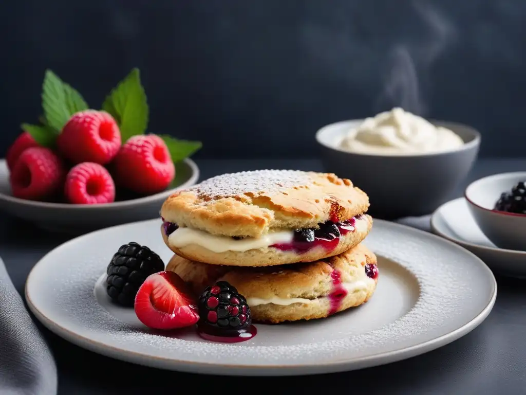 Deliciosos scones veganos recién horneados con crema de coco y compota de bayas, en un elegante mostrador de mármol