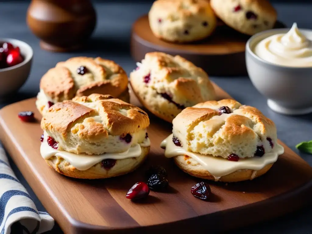 Deliciosos scones veganos recién horneados en tabla rústica, con crema sin lácteos y sirope de agave dorado