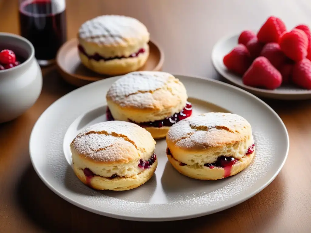 Deliciosos scones veganos recién horneados en plato blanco, con mermelada de frutos rojos y crema vegana