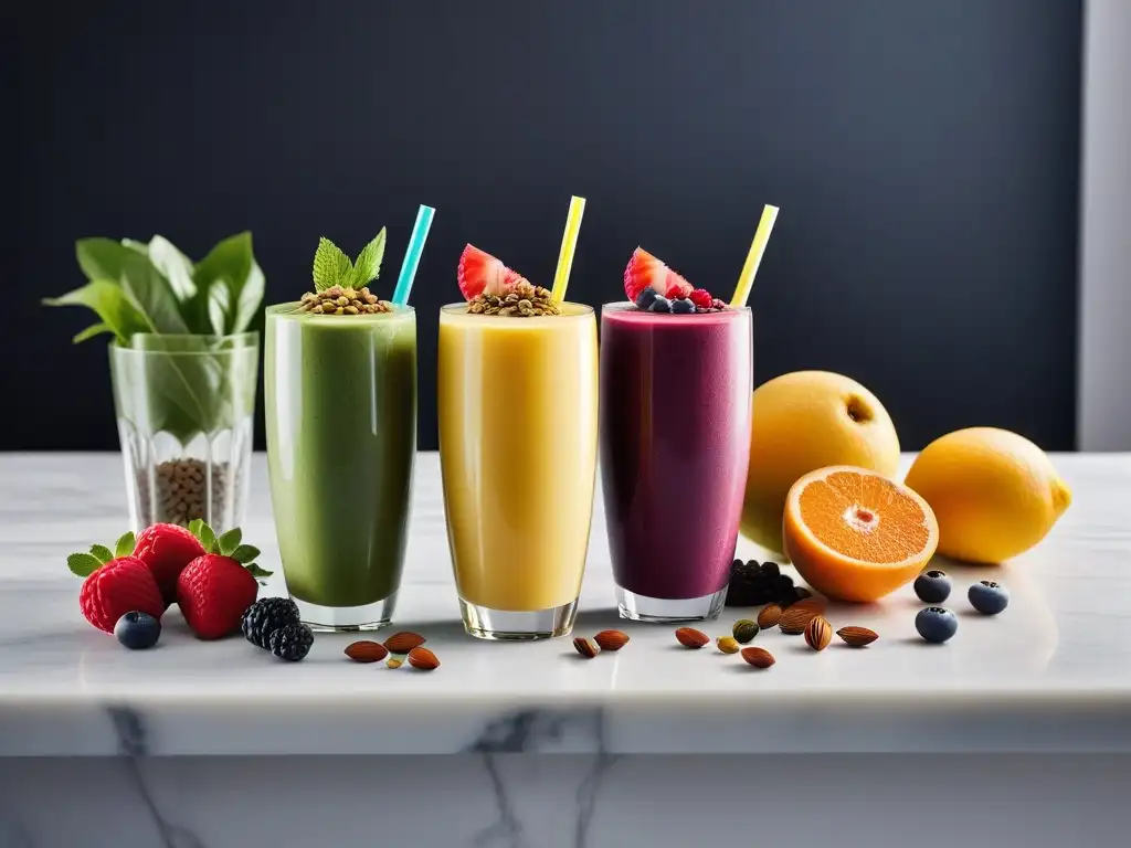 Deliciosos smoothies veganos saludables en elegantes vasos, rodeados de frutas y semillas coloridas sobre un elegante mostrador de mármol blanco